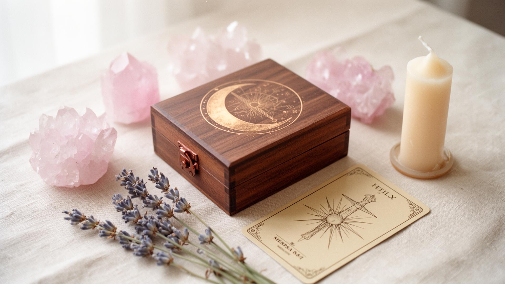 Coffret de rituel avec quartz rose, lavande et bougie